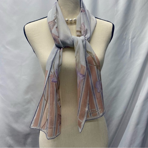 SILK SCARF FORAL BUTTERFLIES GRAY PINK BROWN PURPLE ELEGANT MONEY LUXURIOUS - Picture 7 of 11